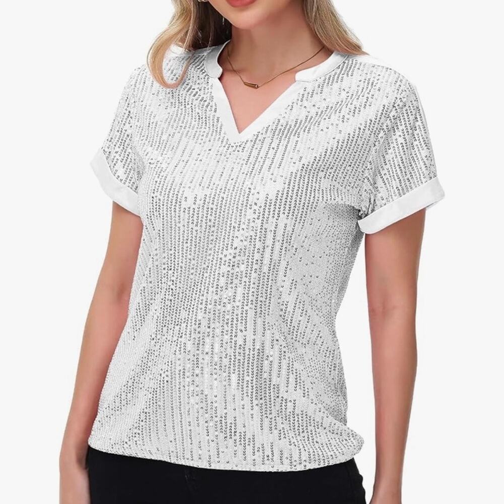 NWT Anna-Kaci V-Neck Blouse Womens White Sliver Sequin Medium